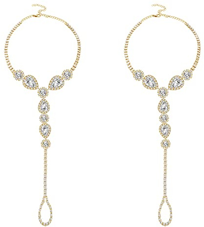 2Pcs Diamond Foot Chain Barefoot Sandals Anklet with Toe Ring Rhinestone CZ Crystal Ankle Bracelet Ankle Chain Summer Beach Wedding Foot Jewelry Dainty Party Accessories (Gold)