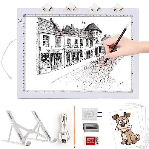 TOHETO A4 Light Pad with Foldable Stand, UL Certified Adapter, 8000 Lux Super Bright Ultra Thin Pad for Cricut Weeding Vinyl, Artist Drawing Light Box/Board/Table for Tracing, Sketching - White