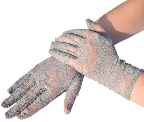OTKARXUS Guantes de encaje para mujer, 1 par de guantes cortos florales, guantes de conducción con protección UV para verano, bodas, cenas, fiestas, bailes, cosplay, gris, talla única
