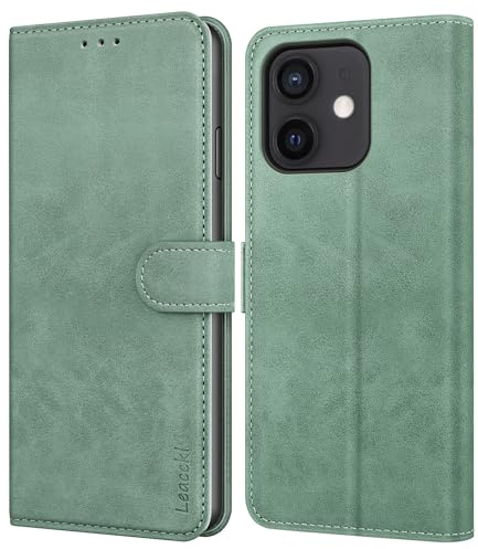 Leacckl Handyhülle für iPhone 12 / iPhone 12 Pro Hülle, Premium PU Leder Brieftasche Stoßfeste [Kartenfächern] Schutzhülle Klapphülle Flip Case, Grün