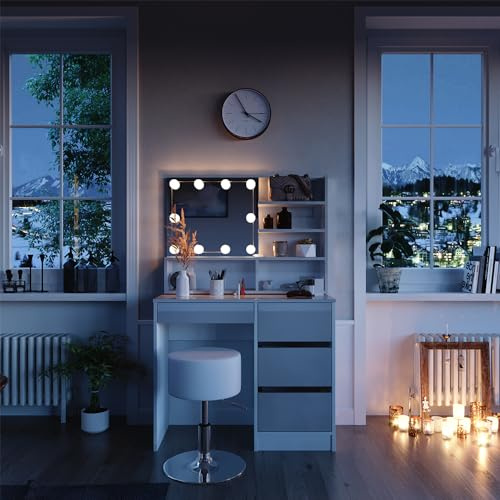 Vicco Schminktisch Sherry, Weiß, 90 cm | mit LED Beleuchtung, Hocker und Spiegelregal, mit höhenverstellbarem Sitz und drehbarem Hocker