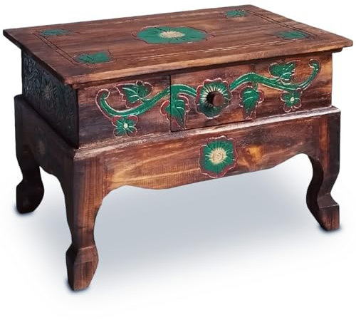 livasia Opiumtisch mit Schublade – 60x40x40cm– Handgeschnitzter Beistelltisch Holz aus Bali, Bringt asiatischen Charme als Holztisch in Dein Zuhause (Blumen)
