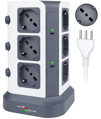 KOOSLA Ciabatta Multipresa con USB C, Torretta Multipresa Elettrica con 12 Posti Universali ITA 10/16A e Schuko, Multipresa verticale protezione sovratensione, Cavo 2M, Grigio scuro