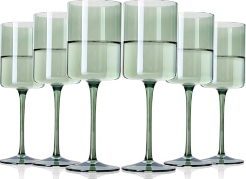 TrophyToast Juego de copas de vino verde – Copas de vino cuadradas sopladas a mano, copas de vino coloridas con tallos largos altos, juego de 6 vasos modernos para todas las ocasiones (14 onzas, juego