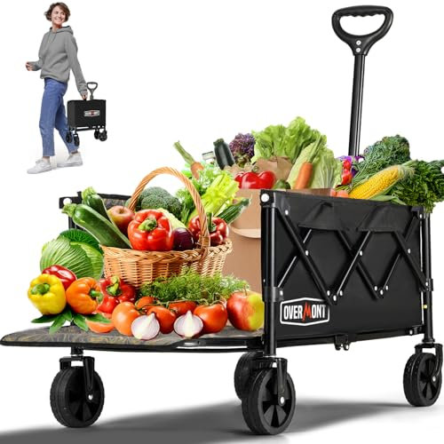 Overmont 100L Festival Camping trolley on Removable wheels - Pull Along Collapsible Wagon Cart with Adjustable Handle - 220LBS/100kg Large Capacity for Beach Garden Picnic Shopping,Sports, black