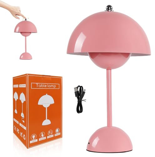 YANGUN LED Flowerpot Tischlampe Kabellos Akku Pilz Lampe, Tischleuchte Dimmbar Pilz ​mit 3 Helligkeitsmodi, Touch Dimmbar Tischleuchte Retro Schreibtischlampe Pilzs für Schlafzimmer, Büro, Bars (Rosa)