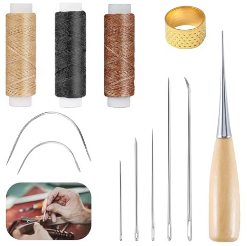 Kit de Artesanía de Cuero 12 Piezas, Kit de Costura Con Hilo Encerado, Aguja, Cuerda y Dedal para Coser a Mano y Reparar Textiles, Bolsas