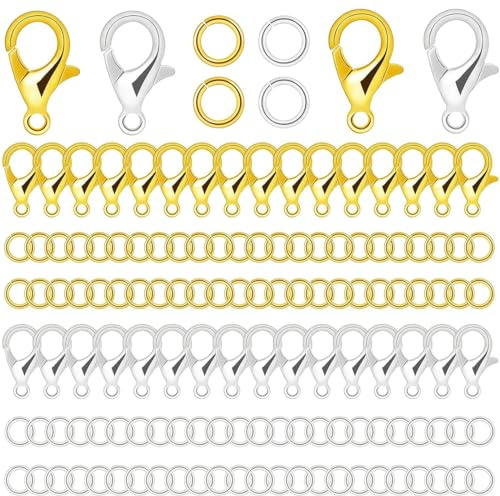100 Stück Armband Verschluss mit 200 Biegeringe, Ketten Verschlüsse,Armband Verschluss,Schmuck Verschlüsse, Karabinerverschluss, Kettenverschluss, Verschlüsse für Schmuckherstellung (Gold/Silber)