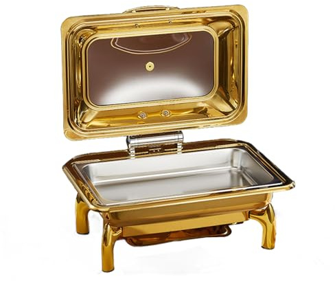 Chafing Dish Gold 400W Scaldavivande per Buffet Acciaio Inox Scaldavivande con Coperchio in Vetro A Vista, 2 Metodi di Riscaldamento per Party, Feste, Matrimoni(61x30x44cm/3)