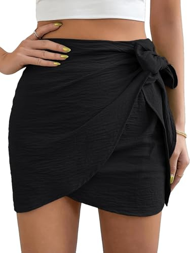 SOLY HUX Damen Rock Sommer Elegant Röcke mit Knoten Hohe Taille Wickelrock Einfarbig Minirock Kurz Casualrock Partyrock Sommerrock Schwarz M