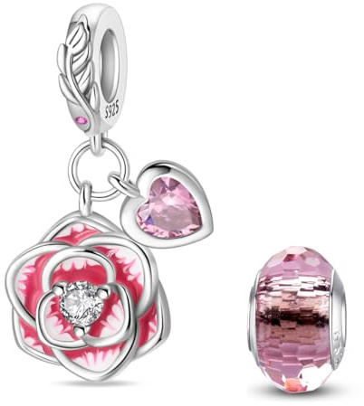 HappyStar Argent 925 Sterling Rose Fleur Charme Carte Tarot Pendentif Bead Charms femme pour fit Pandora Bracelets Européens Colliers Bijoux Saint-Valentin Cadeau
