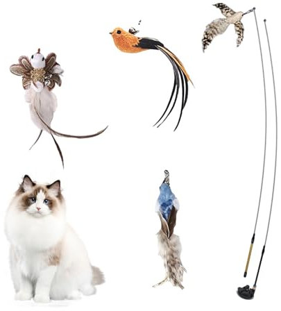 Qfdiwr Interaktives Katzenspielzeug Angel Mit 4 Feder, Katzenangel Stabil Mit Federn, Katzenstäbe Vogel Katzenspielzeug Set,Interaktive Katzenspielzeug Set,Katzen Feder Spielzeug Mit Starkem Saugnapf