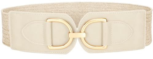VONMELLI Damen Breiter Elastischer Taillengürtel für Kleider Strohgürtel Vintage Dehnbarer Geflochtener Gürtel Boho Damengürtel mit Goldener Schnalle Beige Passend für Taillenumfang 96-104cm