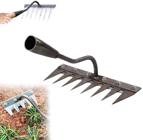 Rastrello da giardino a 5/6/7/8 denti, rastrello resistente con manico in acciaio, rastrello da giardino in acciaio al carbonio, strumento efficiente per giardinaggio e diserbo (8 denti)