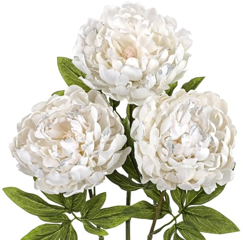 Briful 3PCS 74CM Künstliche Pfingstrosen Stiel Kunstblumen Wie Echt, Glitzernde Weiße Kunstpfingstrose, Deko-Zweige für Blumengesteck Home Weihnachten Dekoration