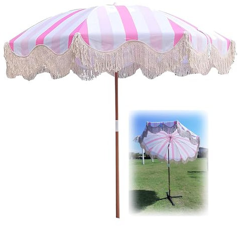 Telo for ombrellone, ombrellone da spiaggia Boho con frange bianche, ombrellone con palo in acciaio rimovibile con protezione UPF50+, ombrellone da giardino inclinabile con borsa for il trasporto(Yell