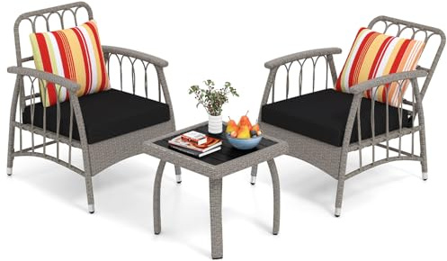 COSTWAY Set Salotto da Giardino in Rattan PE, Set da Esterno con 2 Poltrone Divani Schienale Regolabile, 4 Cuscini e Tavolo, Set Attedo Giardino Resistente, per Balcone, Patio e Terrazza