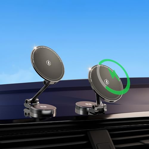 15W Metall Autohalterung mit Ladefunktion Vakuum Saugnapf, Kabelloses Ladegerät Handyhalterung Metallic 360° Einstellbarer für iPhone Mag Safe, Wireless Schnelles Laden Magnetischer Handyhalter