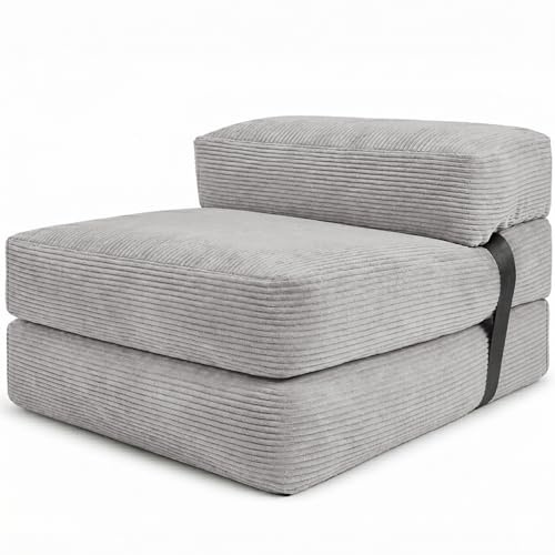 bananair - Sofá Cama 1 Plaza Convertible - Cama Individual Desfundable en Terciopelo Acanalado - Sillon Una Plaza, Futón Japonés Práctico y Confortable, Acolchado en Espuma (70 x 190 cm, Gris Claro)