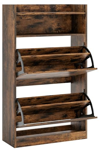 GIANTEX Schuhregal mit 4 Ebenen, platzsparender Schuhschrank mit 2 Klapptüren, 1 offenes Regal & doppelter Tiefe, Schuhablage für Eingangsbereich & Flur, 60 x 24 x 102 cm (Braun)