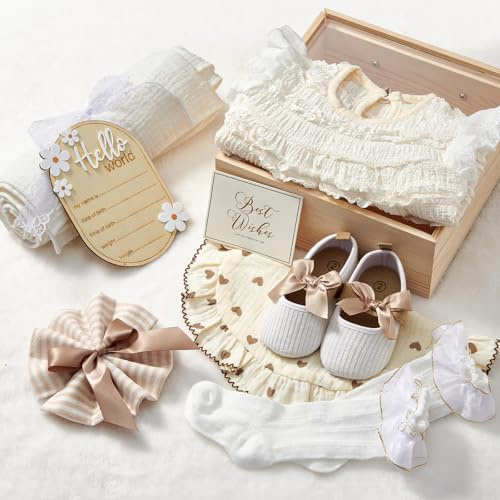 vamei Regalo Bebe Recien Nacido Niña con Mameluco Zapatos Manta Babero Tarjeta de Hito Calcetines Toalla, Regalo Bebe Cesta Recien Nacido Niña Niño