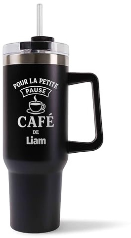 Mug Isotherme 1,2L - La Pause Café de Lila Noire – Bouteille avec Anse, Paille et Couvercle – Idée Cadeau Gourde Personnalisée Café