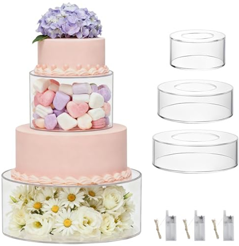 3 Piezas Soporte para Tartas de Acrílico, Bandeja Redonda Transparente Rellenable para Tartas con 3 Tiras de luz LED para Bodas, Cumpleaños y Fiestas.
