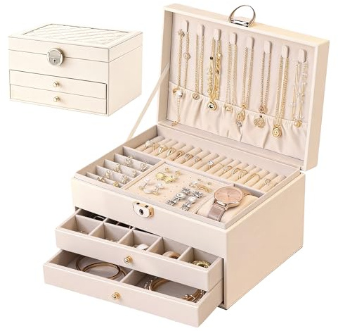 GOEDCH Boîte à bijoux à 3 niveaux : boîte à bijoux amovible à 3 couches avec 2 tiroirs, grande boîte à bijoux doublée de velours perlé doux pour bijoux, colliers et bracelets (blanc)