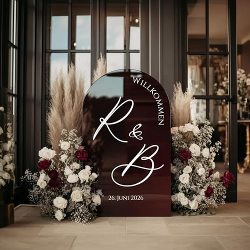 Willkommensschild Hochzeit personalisiert Acrylglas Burgunderrot Hochglanz – elegante Deko für Empfang, Party & Events – Made in Germany