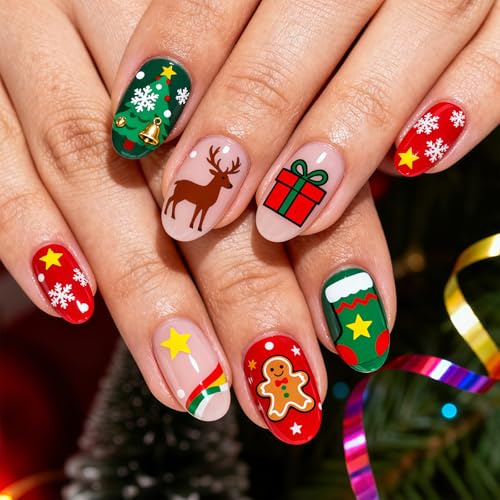 Auroriel 24 Pièces Noël Sapin Flocon de Neige Cerf Bonhomme en Pain d'Épice Amandes Façonnés Ongles Brillants Hiver Faux Ongles pour Femmes DIY Manucure Décorations de Fê