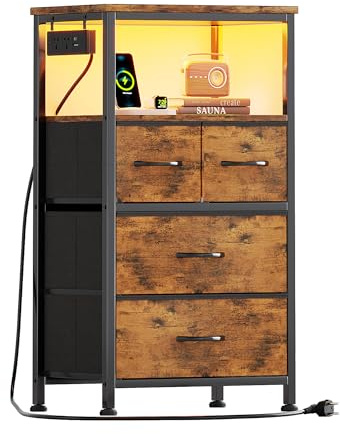 Flrrtenv Bedside Table with Charging Station, 4 Drawers Fabric Chest of Drawers for Bedroom, LED Night Stand with Storage Shelf, End Table with 2 AC Outlets & USB Ports for Bedroom, Dorm, Brown