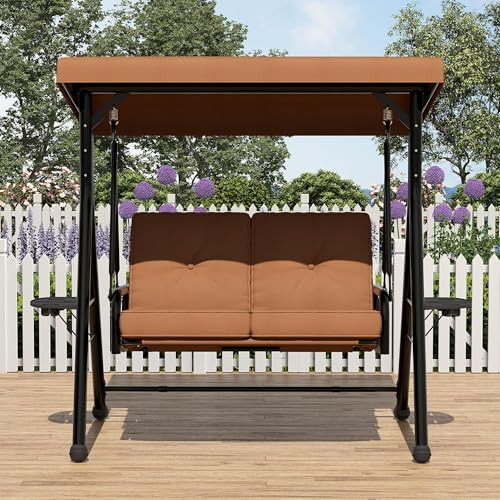 Columpio de jardín de 2 plazas con toldo ajustable y soporte, columpio de jardín con cojín extraíble, soporte para bebidas y mesa plegable, resistente al agua, para terraza y jardín, hasta 280 kg