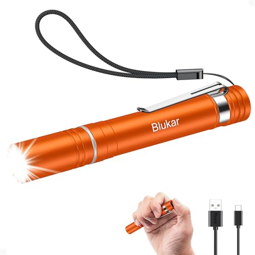Blukar Torcia LED Mini Ricaricabile, Torcia Penna Tascabile con Clip | 4 Modalità,Funzione di Memoria,Zoomabile,Lunga Durata,Portatile Impermeabile EDC per Campeggio,Emergenza-Arancian