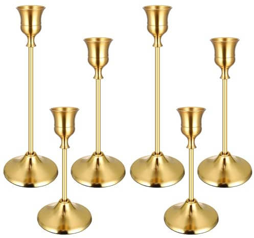 Gold Candle Holders Set of 6, Vintage Brass Stands for Table Centerpieces
