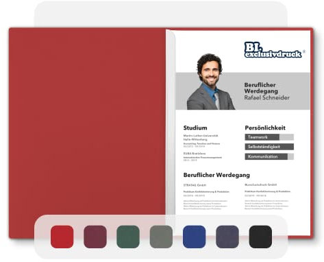 5 Stück zweiteilige Bewerbungsmappen BL-exclusivdruck® BL in Rubinrot - Premium-Qualität mit edler Relief-Prägung 'Bewerbung' - Produkt-Design von 'Mario Lemani'