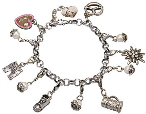 Heimatflüstern Trachtenarmband Oktoberfest - Damen Trachten-Armkette, Bettelarmband mit Anhängern Brezel Strassedelweiss, Lederhose fürs Oktoberfest Dirndl-Schmuck (antik-silber-farben)