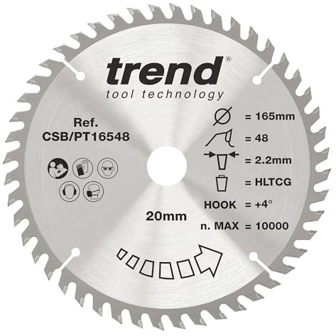 Trend Disco Sierra Circular TCT para Laminado/HPL 165mm 48D 20mm | Cortes finos en laminado y HPL: 2,2 mm de corte, ángulo +4°, 48 dientes TCT, CSB/PT16548