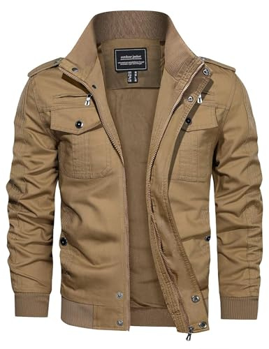 CRYSULLY Men's Military Jacket Workwear Coat Multi Pockets, Khaki, M