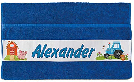 Unikatolo Gästehandtuch mit Name auf BORDÜRE | Traktor blau Kinderhandtuch, Bauernhof, Landwirt Kita Kindergarten Geschenk Junge (50 x 100 cm)