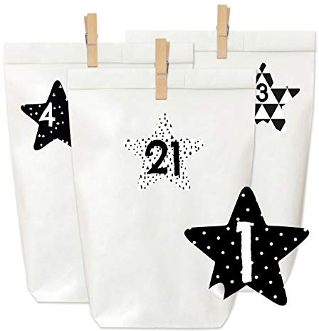 Papierdrachen Adventskalender zum Befüllen und Basteln - 24 weiße Papiertüten, 24 Zahlenaufkleber und 24 Holzklammern - Motiv schwarz-weiße Sterne für Kinder und Erwachsene - Set Nummer 40