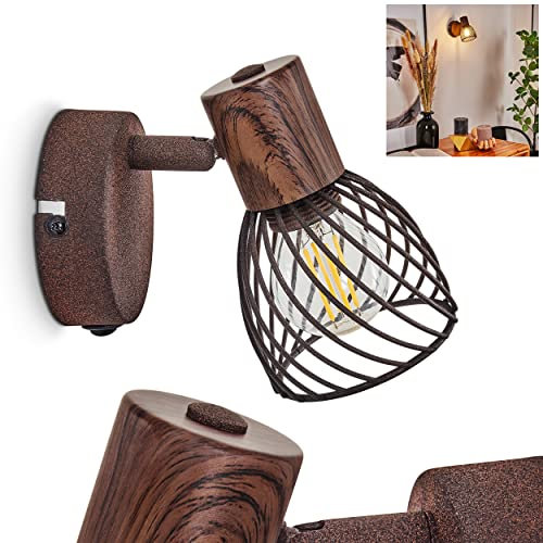 Lampada da parete Arjen, lampada regolabile in metallo/legno color ruggine/marrone, 1 luce, E14, spot da parete dal design retrò/vintage con interruttore on/off sull'alloggiamento, senza lampadina/e