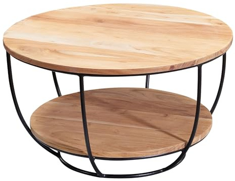 FineBuy Couchtisch Rund 60x60x34,5 cm Akazie Massivholz mit Ablage | Wohnzimmertisch Industrial mit Metallgestell Schwarz, Sofatisch aus Echtholz, handgefertigtes Unikat