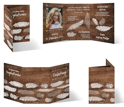 Personalisierte 10-100x Jugendweihe Einladungskarten individuell mit Foto und Text DIN A6 Wickelfalz Klappkarte - Holz Federn