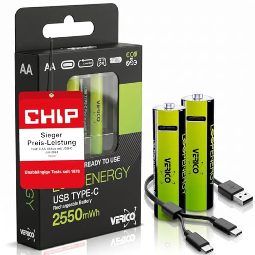 [Preis-LEISTUNGSSIEGER*] 2er Set: VERICO LoopEnergy Pack AA wiederaufladbare Batterien, Lithium Akku Batterie wiederaufladbar, aufladbare Battery mit Type A auf 2X USB C Ladekabel, Schnellladen