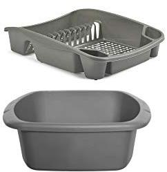 Galleries Plastic Small Washing up Bowl and Small Dish Drainer Rack Kitchen Plate Holder Set of 2 (Silver)