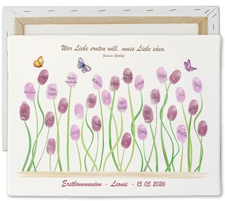Feenstaub Konfirmation Leinwand Fingerabdruckbild personalisiert mit Name und Spruch, Gästebild für Erstkommunion, Fingerabdruck Leinwand Jugendweihe Blumenwiese, Alternatives Gästebuch Kommunion