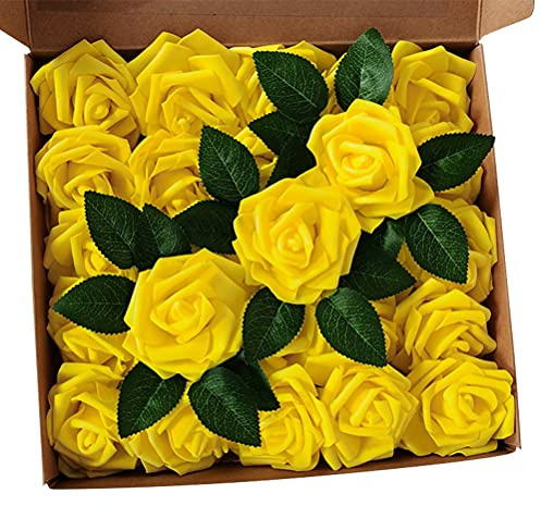 Flores Artificiales Rosas Amarillas, 25 Piezas de Flores Artificiales de Espuma con Tallos para Bodas, Ramos de Bricolaje, Rosas Amarillas Artificiales, centros de Mesa, arreglos para s,