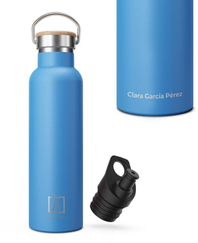 NUMADA-Botella Personalizada con Nombre 600ml de Acero Inoxidable Azul Estanca con Recubrimiento Cerámico|Frío 24H y Calor 12H|Boca Ancha|Libre BPA|Incluye 2 Tapones (1 Sport)/Bolsa Transporte