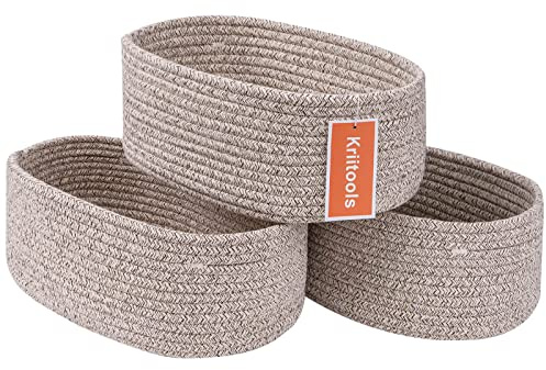 Kriitools Cute Shelf Basket to Store and Organize Household Items/Baskets&Bins for Daily Storage &Organizing/Woven Rope Basket for Living Room, Playroom/Small Oval-13x8.66x5.11’’,3 Packs Light Brown