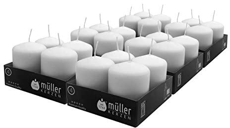 Müller Kerzen - Lot de 24 Bougies Piliers Blanches - Ø 48 x 62 mm - 10 Heures Longue Durée - Cire Sans Parfum, Anti-Goutte, Non Toxique - Bougie Décorative Pour la Maison, Mariage - Qualité RAL